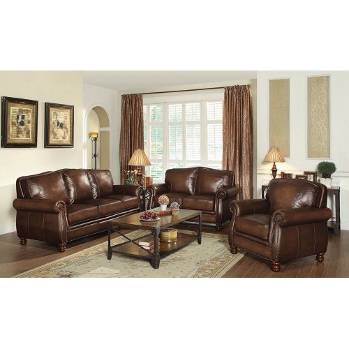 Montbrook Rolled Arm Loveseat Hand Rubbed Brown