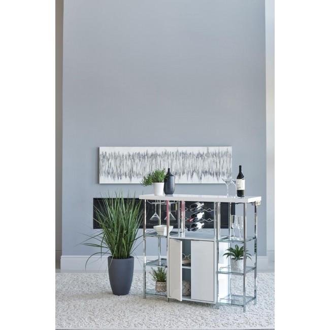 2-Door Bar Cabinet With Glass Shelf High Glossy White And Chrome