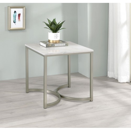 Faux Marble Square End Table White And Satin Nickel